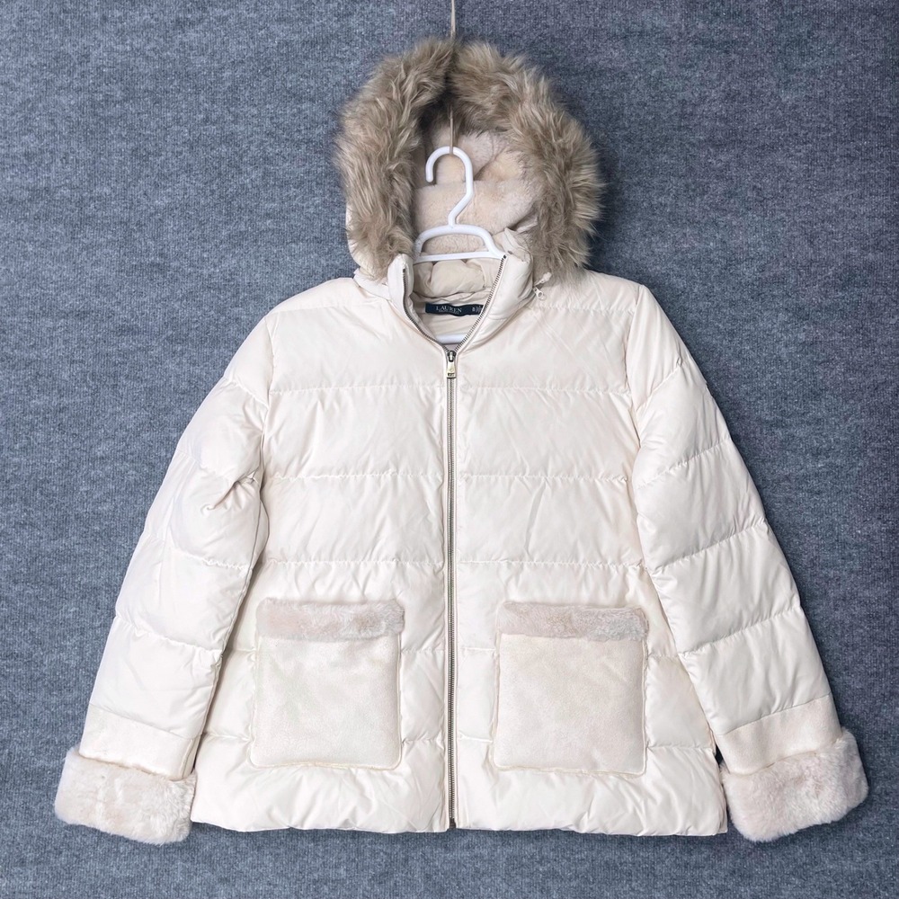Lauren Ralph Lauren Cream Down Puffer Jacket Faux Fur Trim Hood XL Black Label